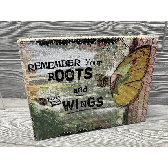 Kelly Rae Roberts Demdaco Roots & Wings Burlap & Wood Block Sign Art Picture - Picture 1 of 8